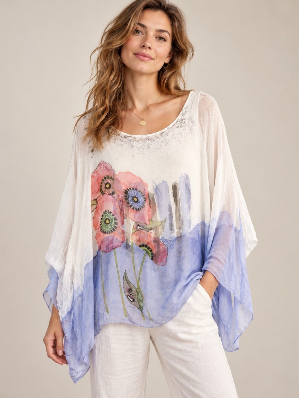 Flowy Floral Silk Blouse Size M Poppy Boho Artsy Top Made In Italy